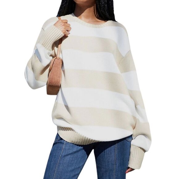 Brandy Melville PacSun Thick Knit Minimalist Neutral Striped Crew Neck S… - Picture 1 of 9